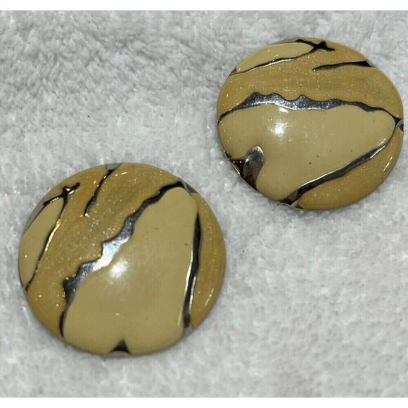 Vintage Rare Animal Print Earrings Enamel Round Beige Silver Spring 80s - Picture 4 of 7